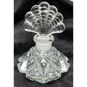 Vintage Crystal Clear 24% Lead Crystal Perfume Bottle Fan Shell Stopper Faceted